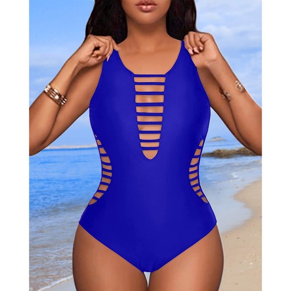 Women's Blue  One Piece Swimsuits Plunge Deep V Neck Cutout Bathing Suits - Picture 2 of 7